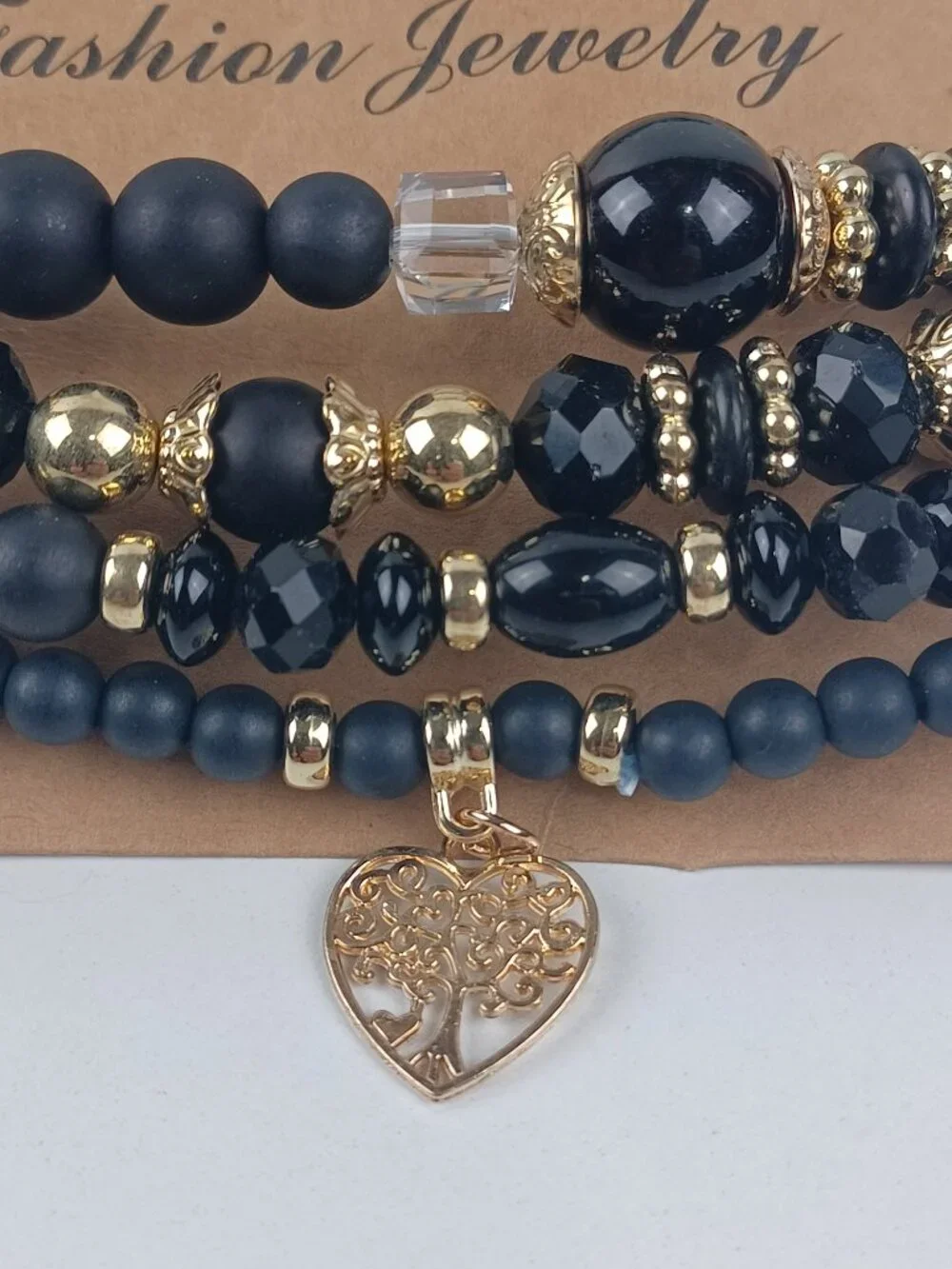 4-Piece Bohemian Beaded Bracelet Set - Black Heart & Tree Pendants
